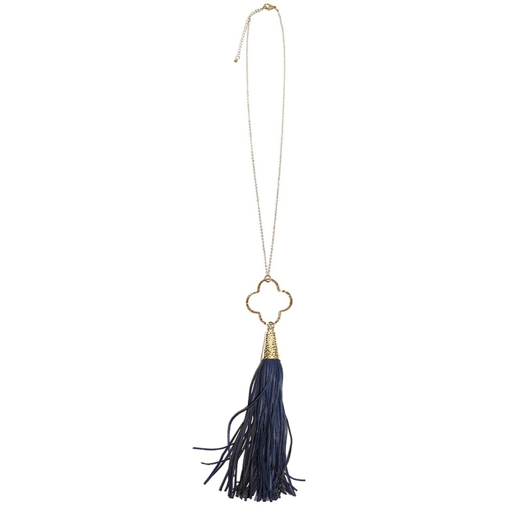 Navy Blue Quatrefoil Tassel Necklace